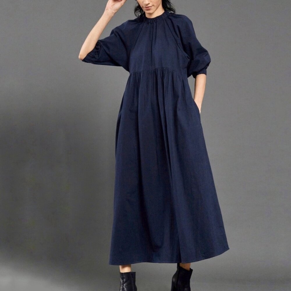 Mati Navy Blue Cotton Round Neck Raglan Balloon Sleeve Midi Dress Women’s XS